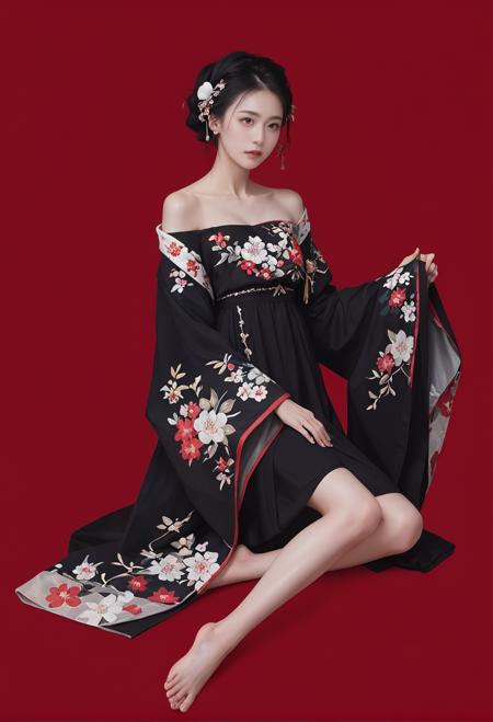 29650-1468919352-red background,1girl,solo,,ruanyi0766,floral print,hanfu,jewelry,off shoulder,wide sleeves,barefoot,strapless,black dress,_lora_.png